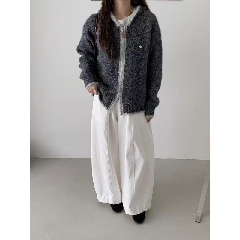 New Color Matching Edge Hooded Double Zipper Retro Casual Wool Blended Long-sleeved Knitted Cardigan Jacket Women