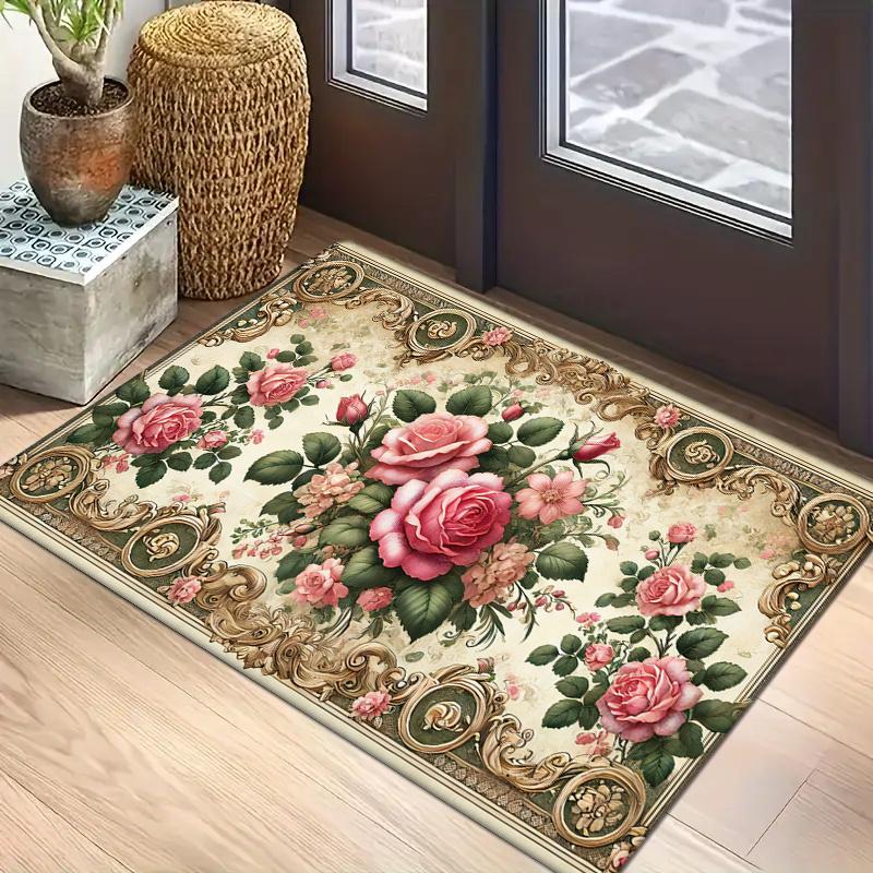 VIKAMA Flannel Rug Mat Romantic Rose-Style Versatile Home Decor Rug Machine-Washable Hallway Rug Home Decor
