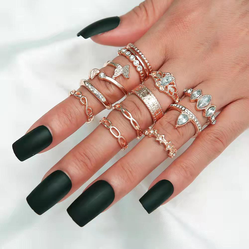European and American jewelry, butterfly nail ring, diamond petal star gold 11-piece ring set