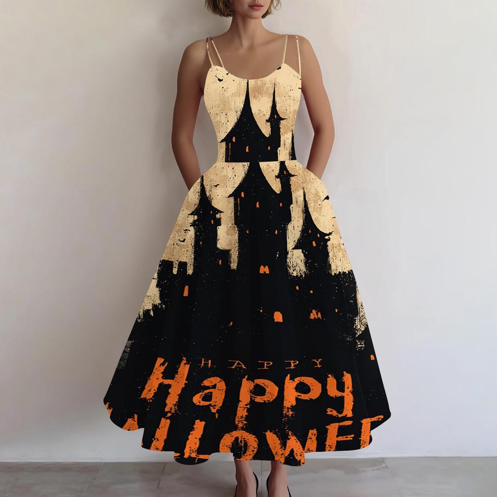 Women's Sleeveless Casual Dress Halloween Print Round Neck Vintage Style Spaghetti Strap Midi Dress for Daily Wear and Seasonal Events