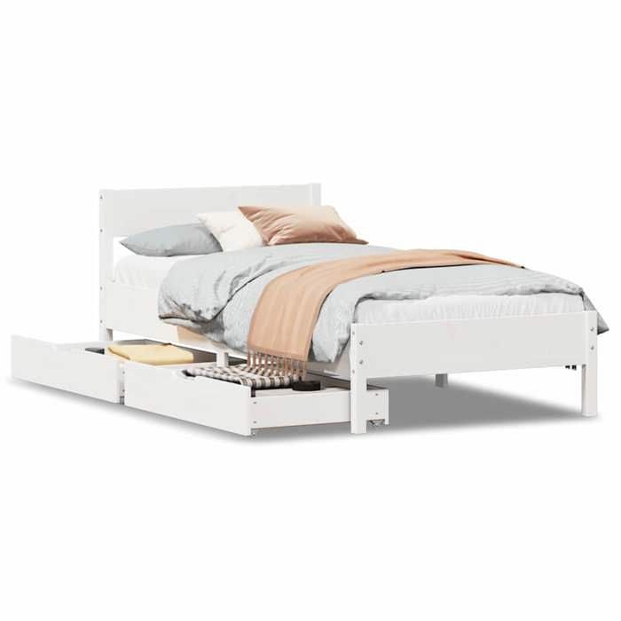 VidaXL Bed Frame with Headboard White 90x200cm Solid Pine Wood, Bedroom Furniture, Slatted Base, Wooden Bed, 3301759