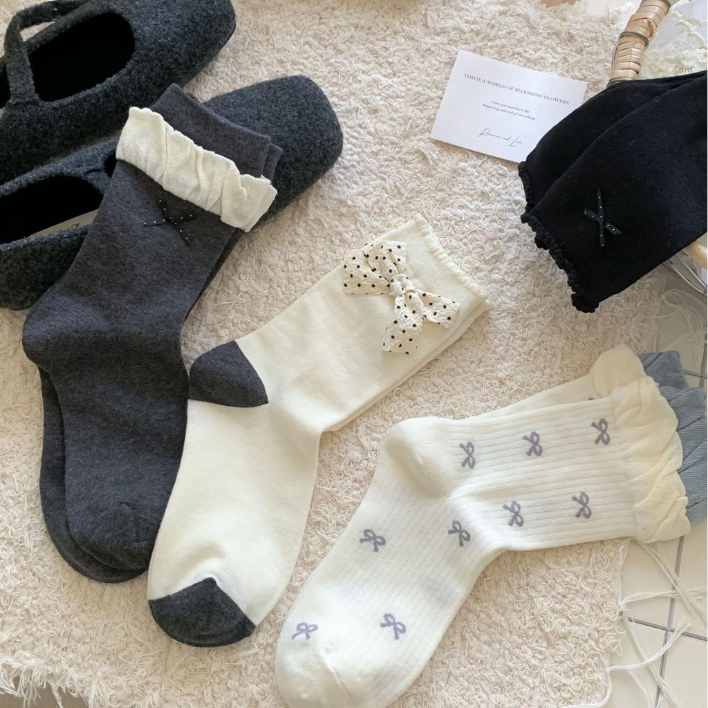 Flower Socks Women'S Autumn Sweet Double Bow Medium Tube Socks Color Matching Lace Stacking Socks