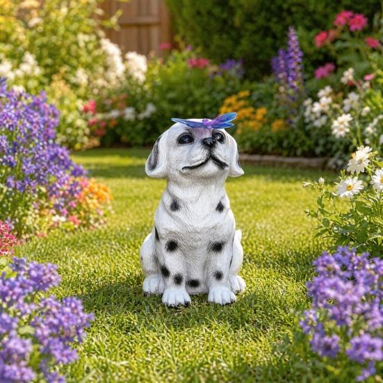 Solar Welpenstatue Licht, Garten gefleckter Hund Schmetterling Solarlicht, Outdoor niedliche Tier Skulptur Licht für Terrasse Rasen Hof