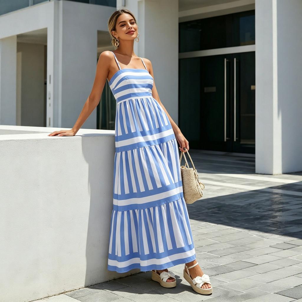 European and American Style French Retro Blue and White Striped Suspender Dress for Women, Temperament Waist Pendulum Holiday Beach Skirt