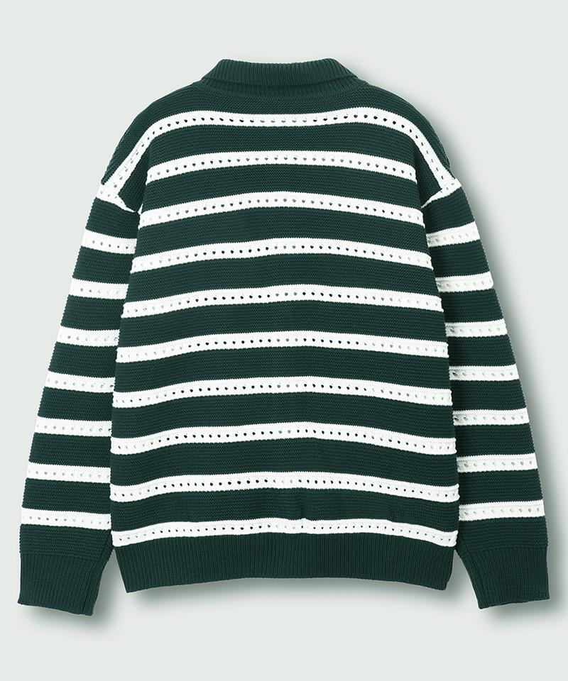 Nodu Scalloped Stripe Collar Knit Cardigan [Green]