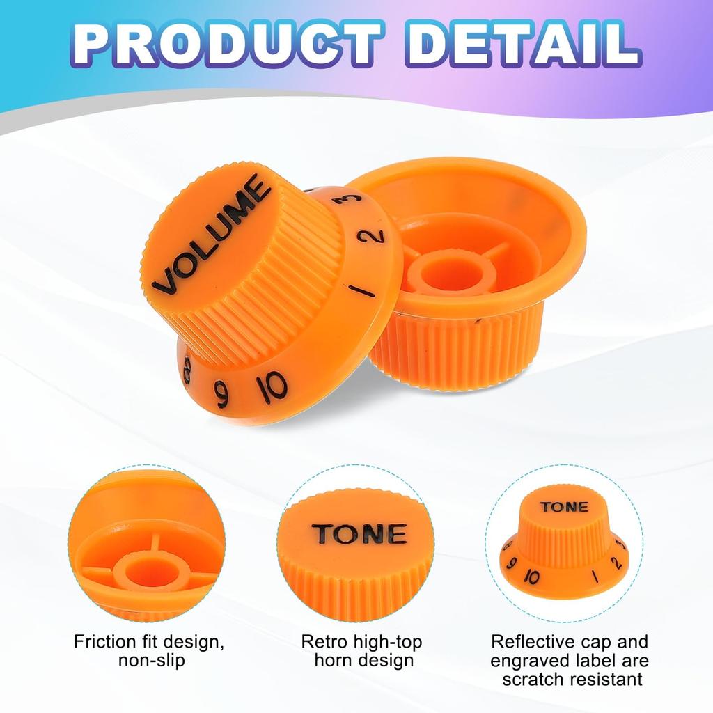 Uxcell Conjunto de Botões de Chapéu Alto Métricos 1 Volume 2 Controles de Tom Conjunto de Botões para Guitarra Elétrica Baixo Eixos Divididos Laranja Preto Peça 3