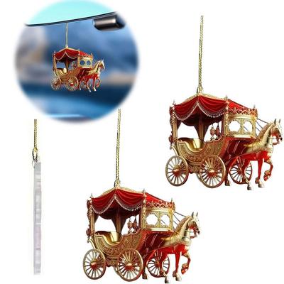 2 Pcs Carriage Christmas Ornament Horse With Sleigh Carriage 2D Acrylic Xmas Tree Ornament For Winter Home Decor K5G0