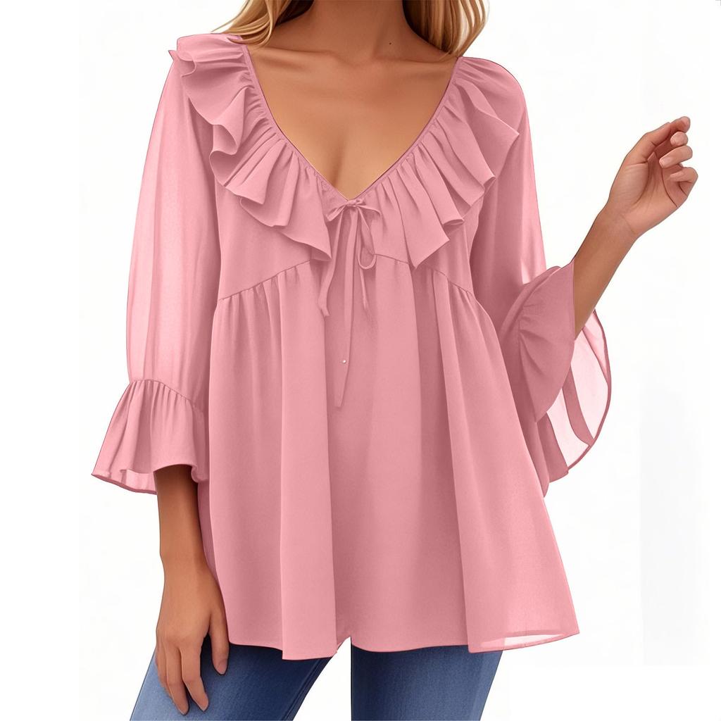 Women's V Neck Three Quarter Sleeve Ruffle Blouse Loose Fit Casual Solid Color Tunic Top