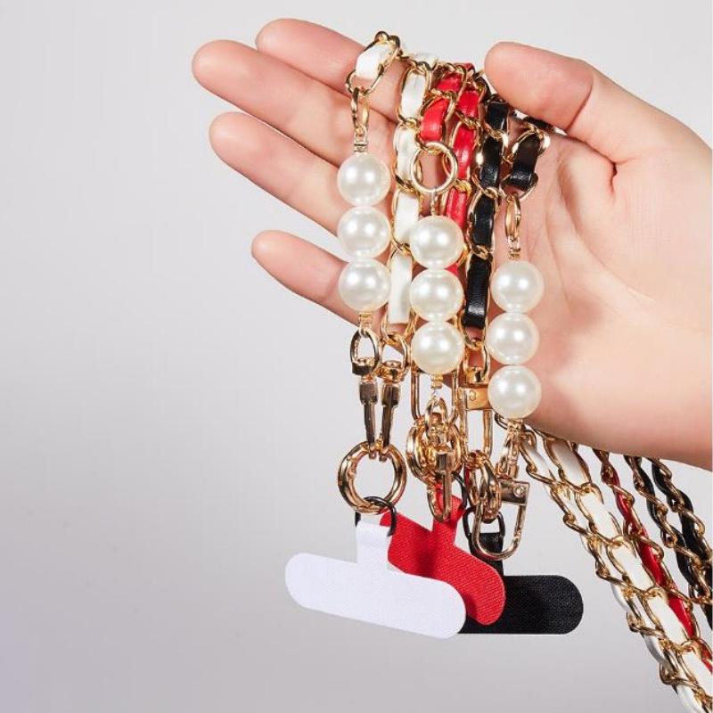 1pc Pearl Leather Chain Mobile Phone Strap Long Crossbody Anti-Loss Shoulder Cord with Metal Pendant Phone Lanyard for Women