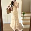 French Beautiful Floral Lace-up Bubble Sleeve V-neck Dress Women's Summer Sweet Wind Temperament Waist A-word Long Dress