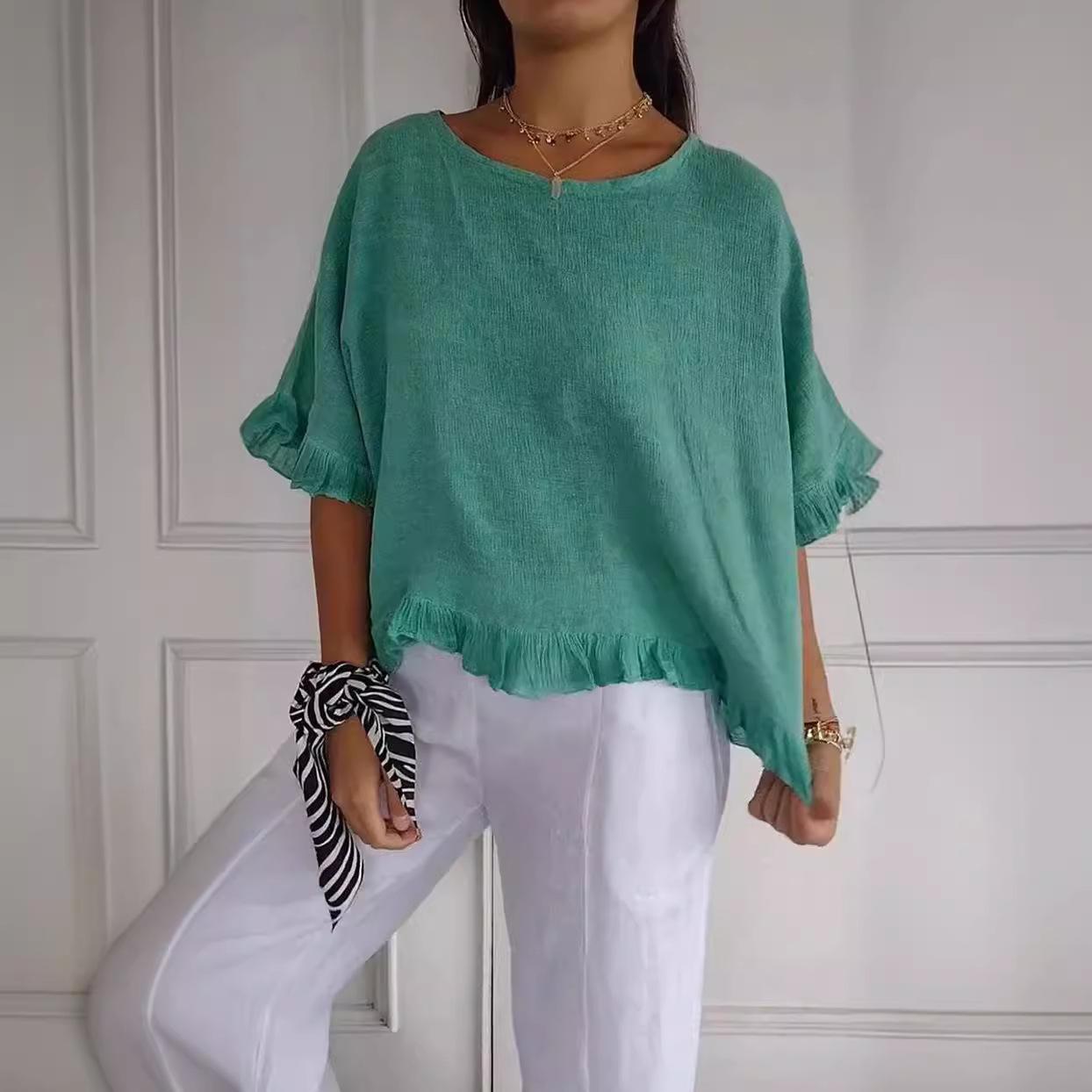 

Solid Color Fashion Casual Short Sleeves Loose Versatile Tops Women’s 3XL зелений