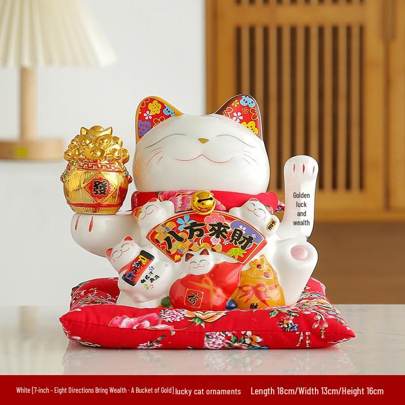 Electric Waving Lucky Cat Ceramic Ornament for Home, Living Room, Shop, or Cashier Desk.