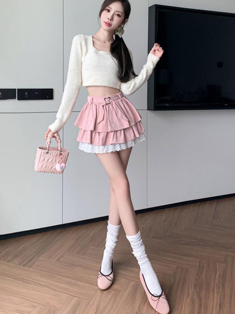 Women Pink A-line Pleated Skirt Vintage Fashion 90s Aesthetic Y2k Mini Cake Skirt Harajuku Korean Lolita Skirt 2000s Clothes