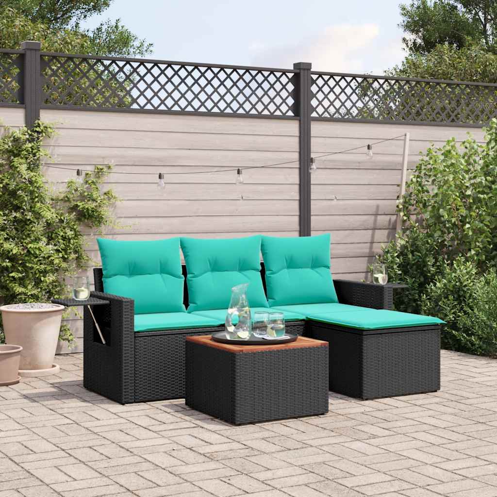5 Piece Garden Sofa Set with Cushions Black Poly Rattan