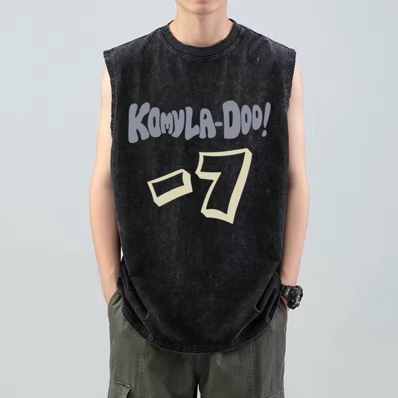 

Новая футболка без рукавов с принтом, мужская летняя, корейская версия, тренд, простая майка, топы, гонконгский стиль, свободная повседневная одежда 5XL серый