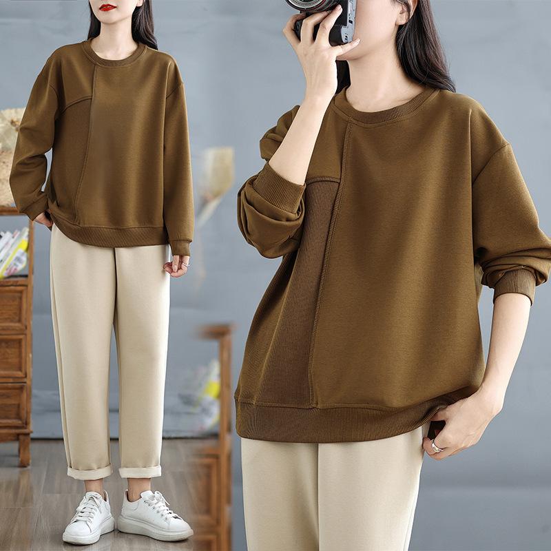 Autumn and Winter Women's Pullover Casual Sweatshirt Plus Size Knit Splicing Irregular Long Sleeve Pullover Sweatshirt