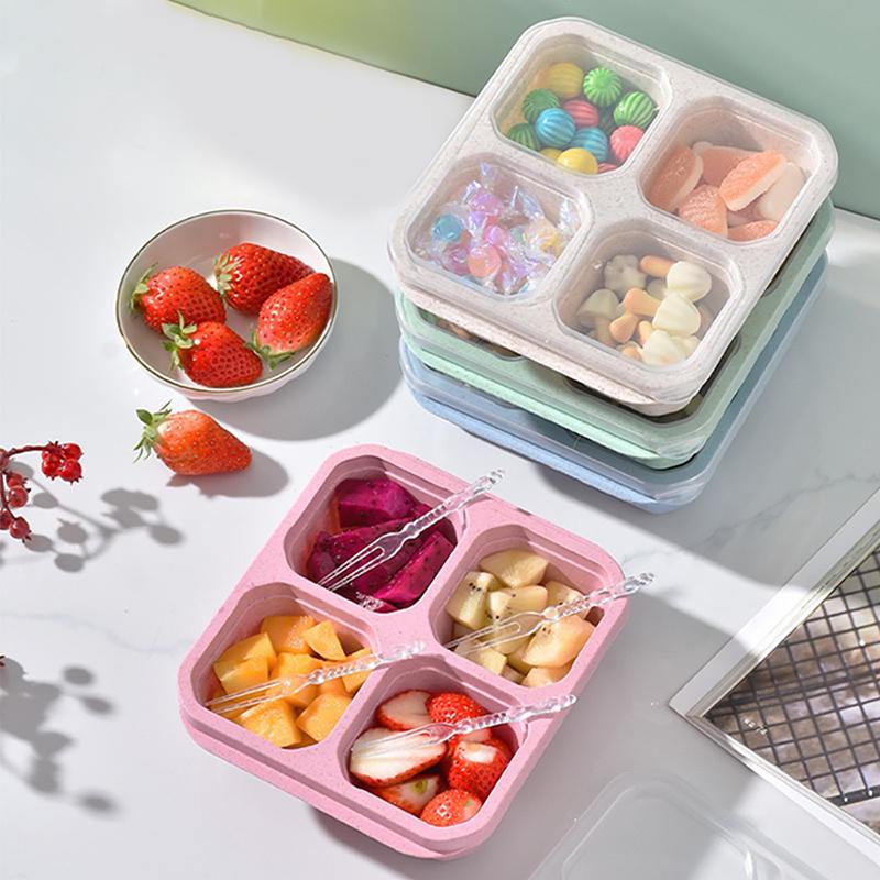 Quadratische Trenn-Bento-Box Wiederverwendbarer 4-Fächer-Lebensmittelbehälter Snack-Nüsse Mit Deckel Weizenstroh-Lunchbox Küchenzubehör