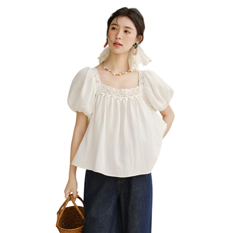 Women's French Style Lace Puff Sleeve Square Neck Blouse