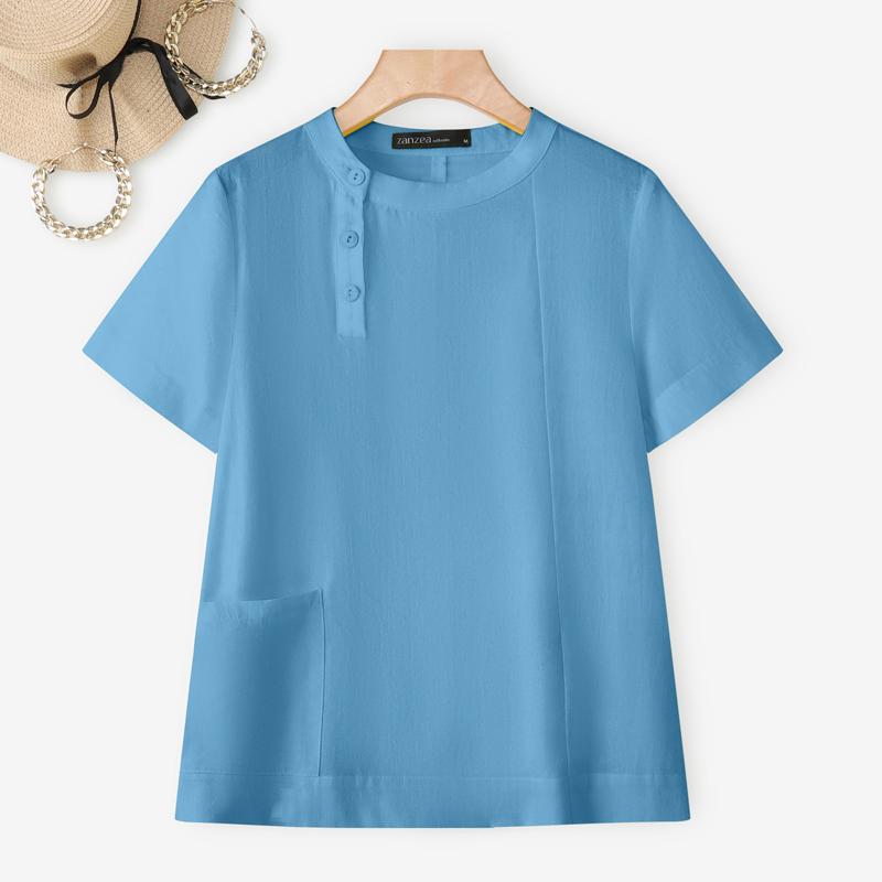 

ZANZEA Женская повседневная блузка с круглым вырезом, однотонная, свободного кроя, с коротким рукавом 5XL синий