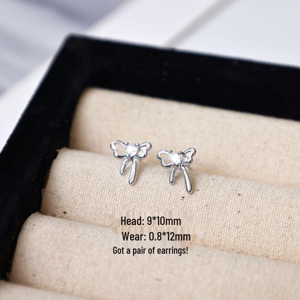 Copper-Plated Gold Bow Earrings with 925 Silver Needle and Flower Diamond Inlay for Women