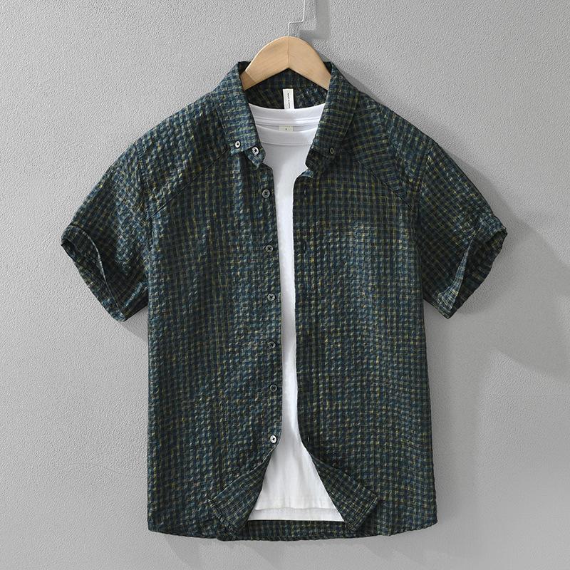 Harajuku Style Short Sleeve Plaid Shirts for Men Summer Casual Tops Button Bubble Shirt Male