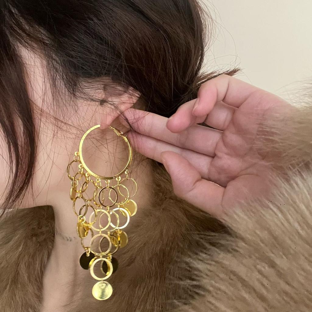 European and American Exaggerated Fringed Multi-layer Metal Disc Earrings for Women, Niche Design Geometric Hollow Personality Earrings