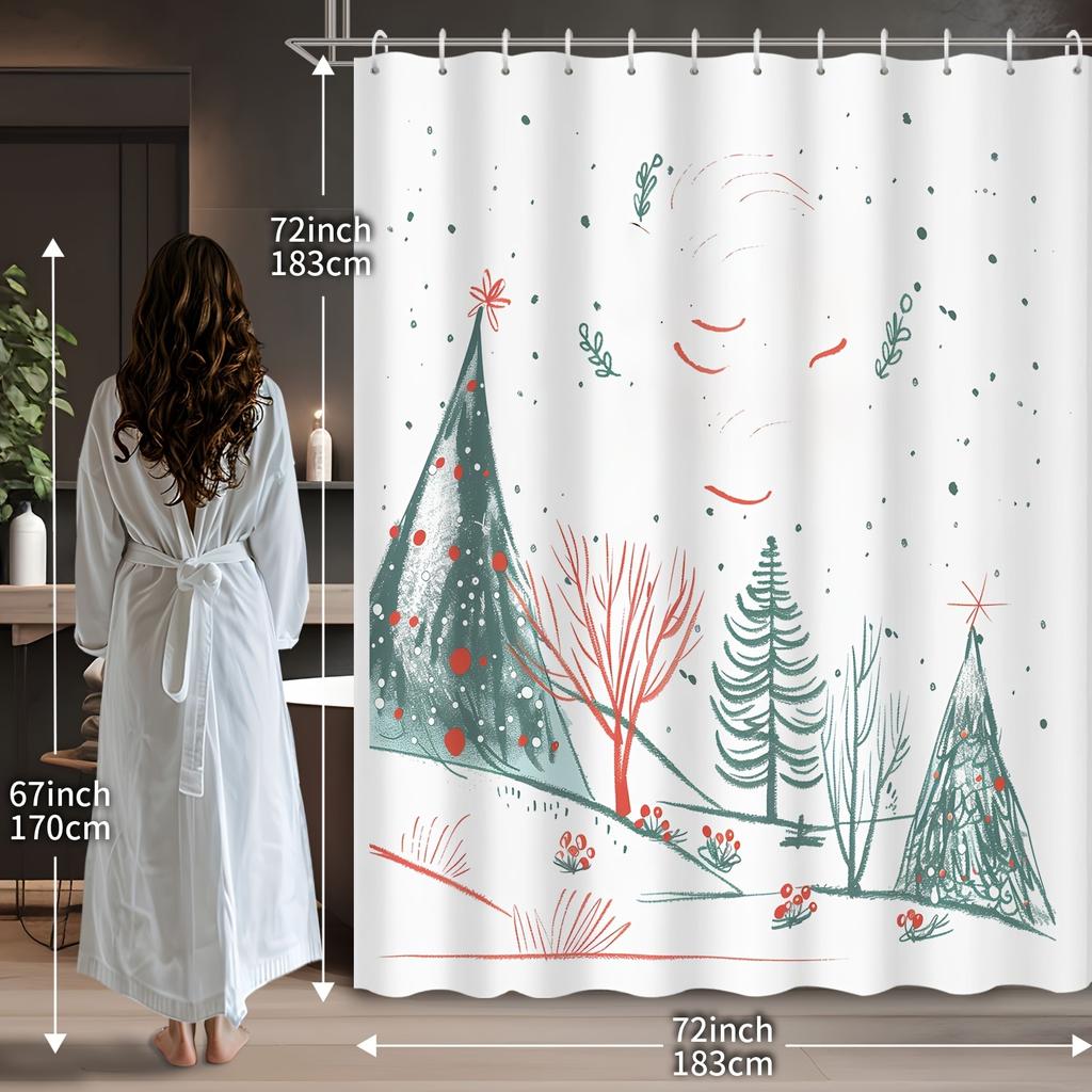 Christmas Cartoon Winter Forest Shower Curtain - Green Tree Illustration, 12 Hooks, Bathroom Decor