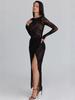 Black Lace Asymmetrical Slit Dress with Embroidery