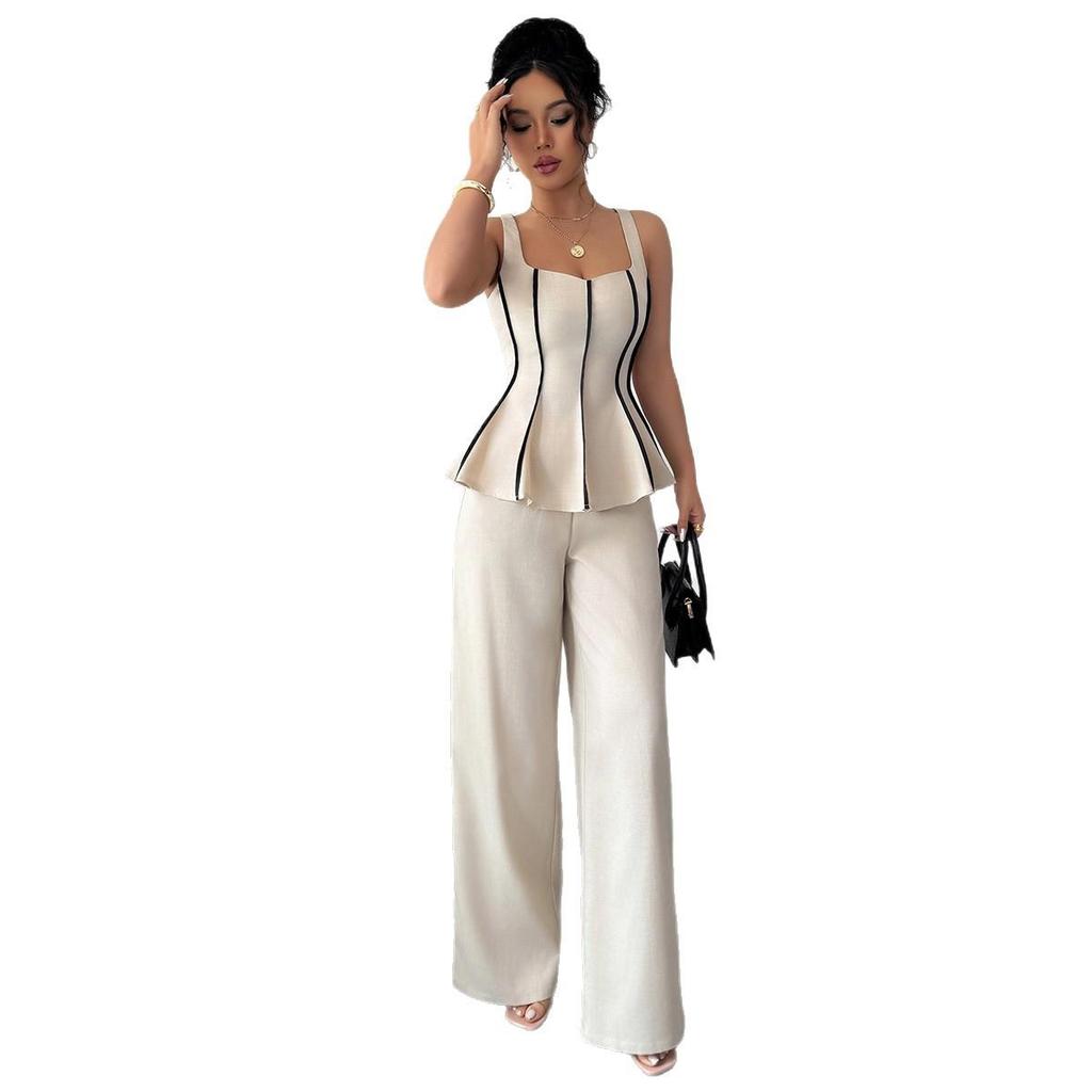 Elegant and Refined Style Halter Top, Solid-color Long Pants Set for Women's Summer
