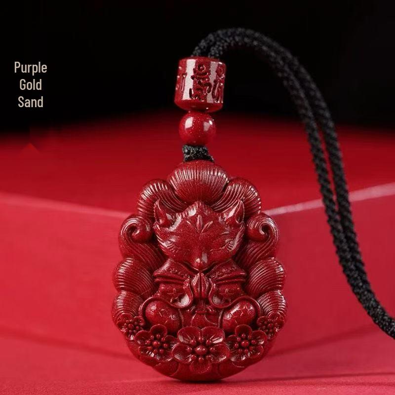 Cinnabar Zisha Red Nine-Tailed Fox Pendant Necklace & Keychain Charm