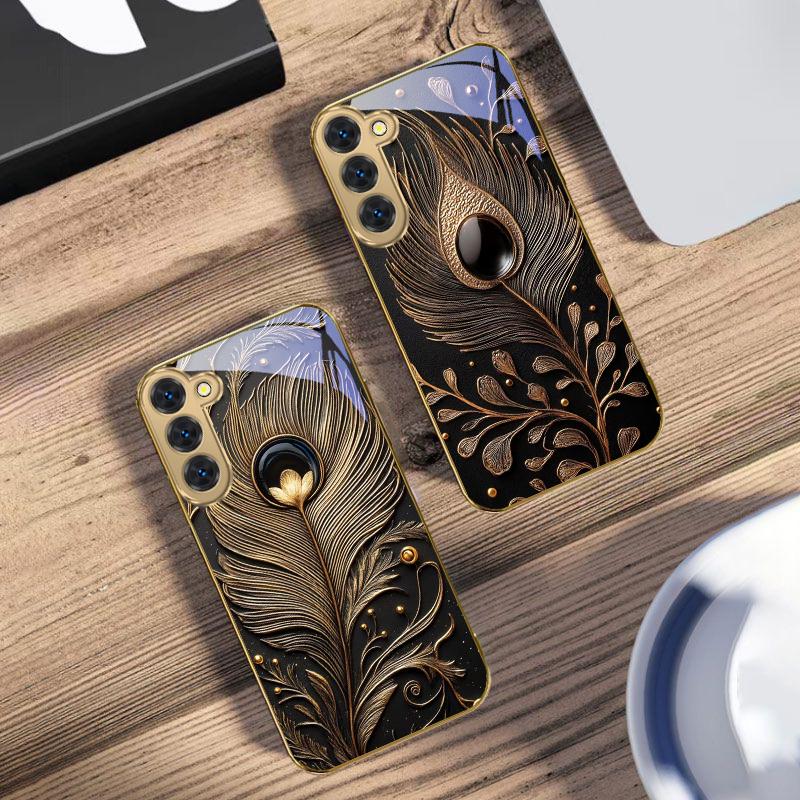 Golden Feather Gemstone For Samsung Galaxy S20 FE S21 S22 S23 Plus S24 Ultra 25Ultra S21+ S9+ S22Plus Golden glass phone case
