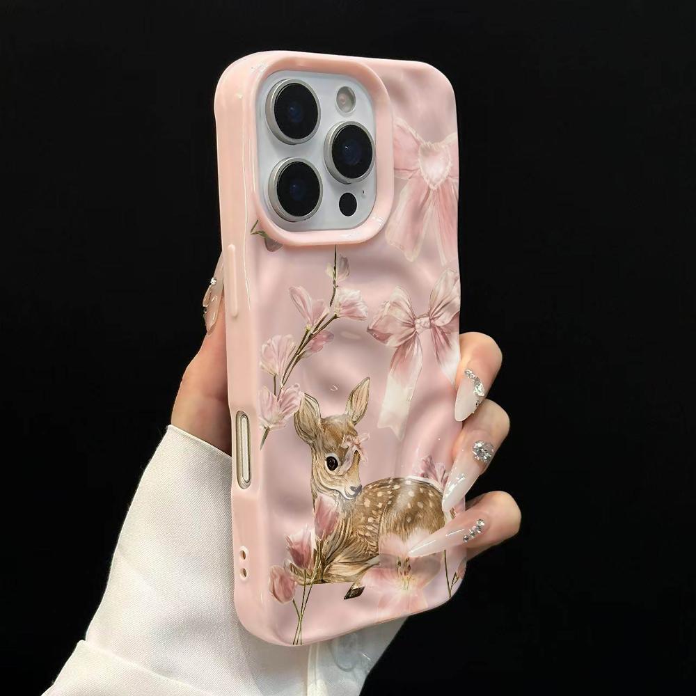 Retro Bow Sika Deer Pattern Phone Case For IPhone 17 16 15 14 13 12 11 Pro Max 14 Plus 17Air Wrinkle Wave Soft Silicone Cover