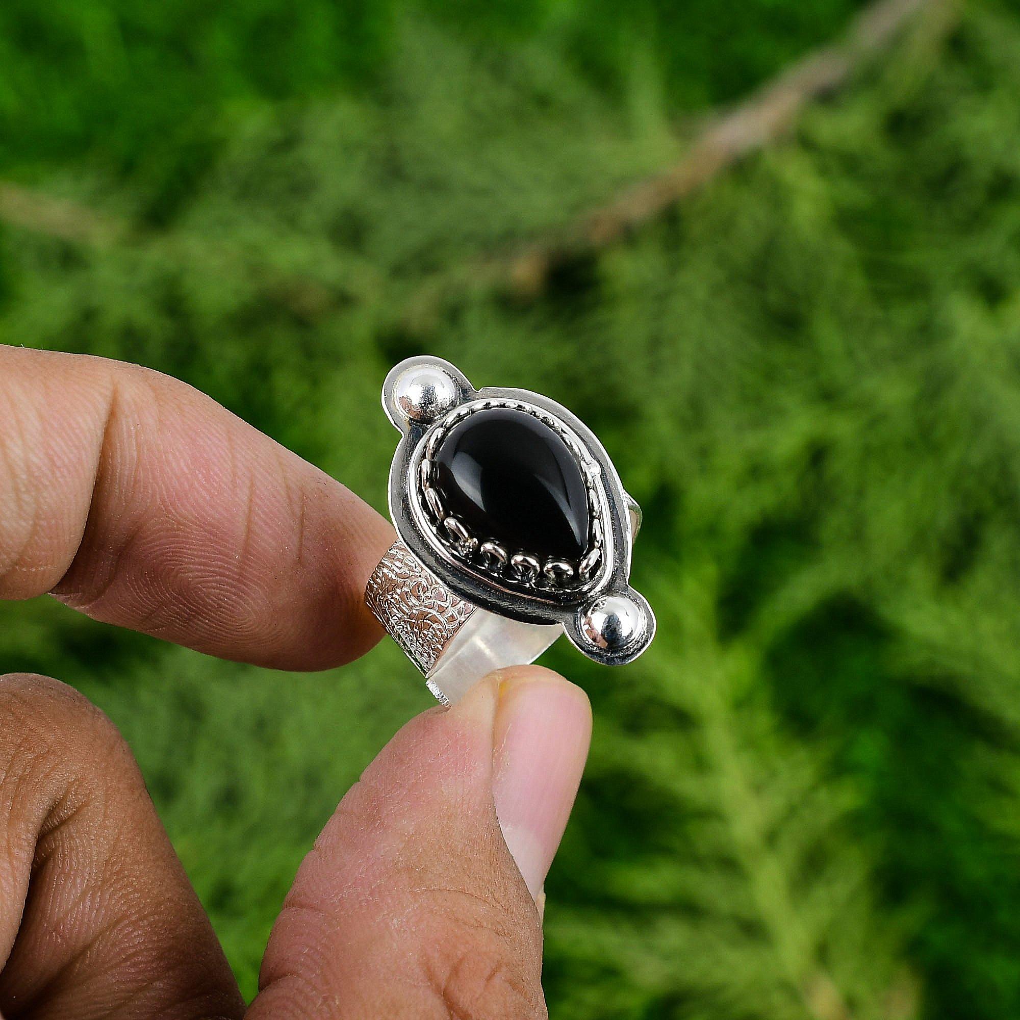 

Pear Black Onyx Stone Anniversary Mother Elegant Statement Bezel Ring 925 Silver Adjustable