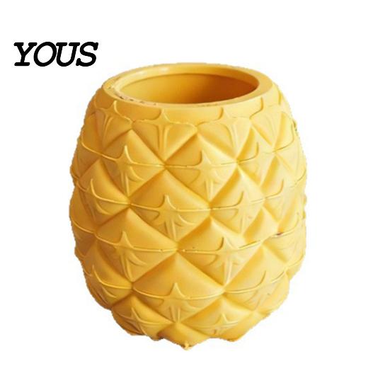 Small Flowerpot for Desk 3D Printed Pineapple Shaped 2-in-1 Pen Holder & Plant Pot, Bright Yellow Pens Rhombus Texture Cup, Multi-Use Container