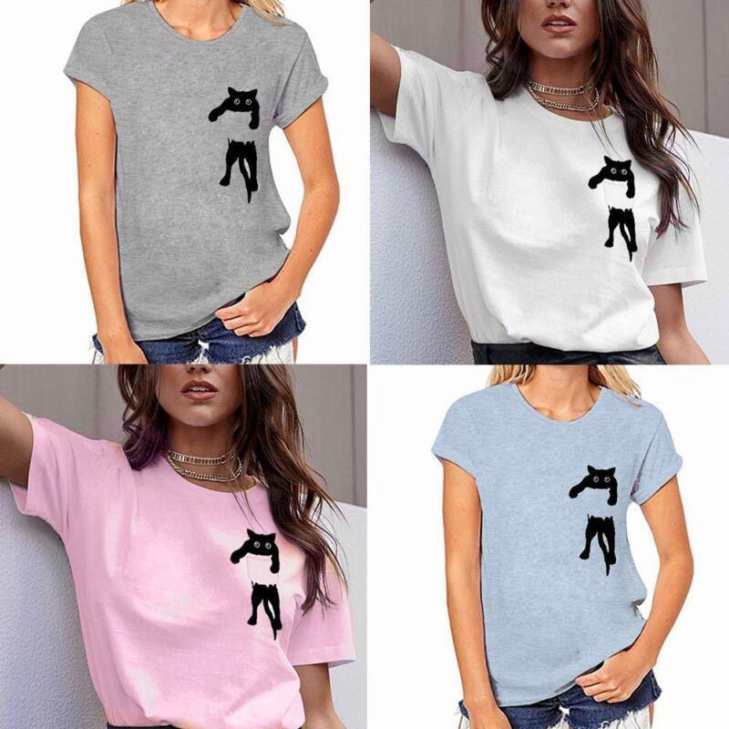 Solid Women Simple Cat Tshirt Loose Short Sleeve Casual Simple Pullover Tops