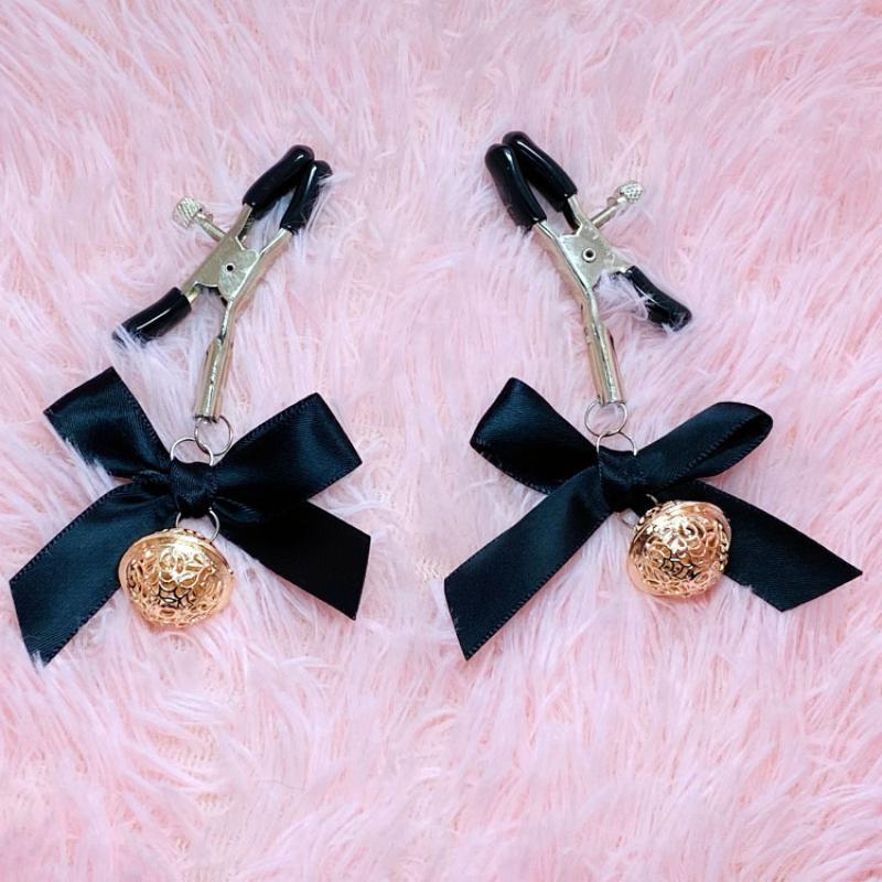 1 Pair Adjustable Nipple Clamps With Black Bow And Hollow Golden Bell Perfect For Couple Intimate Play Bedroom Cosplay SM Games