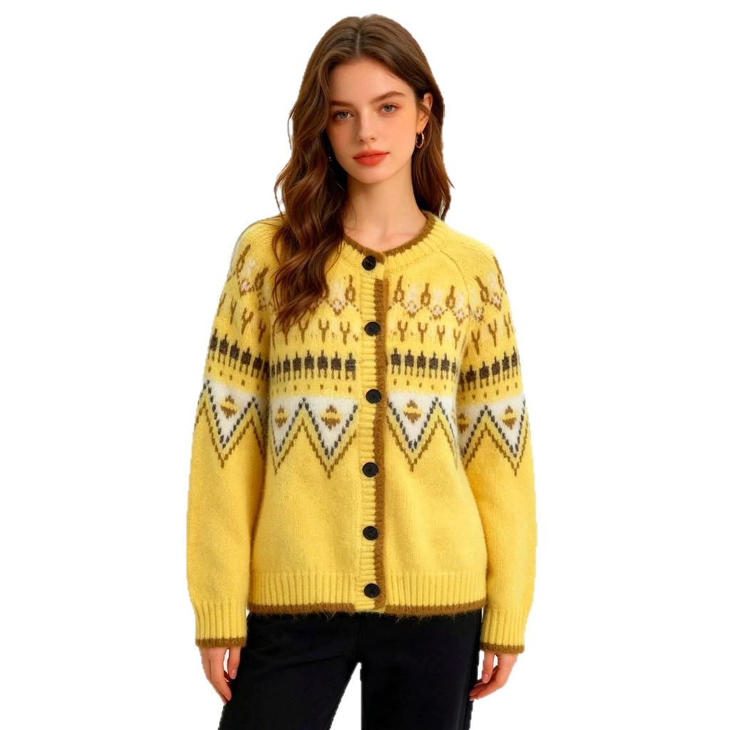 Lazy Style Fair Island Alpaca Wool Knitted Cardigan Autumn/Winter New Loose Sweater Women's Jacket