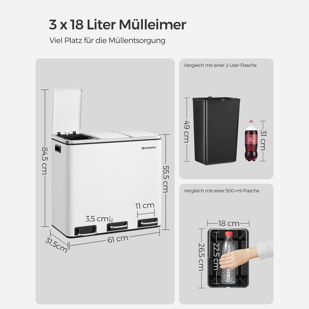 SONGMICS Recycling Bin, 3 x 18 L Triple Kitchen Bin, 3 Compartment Pedal Bin with Soft-Close Lids, Plastic Inner Buckets, and Handles, White