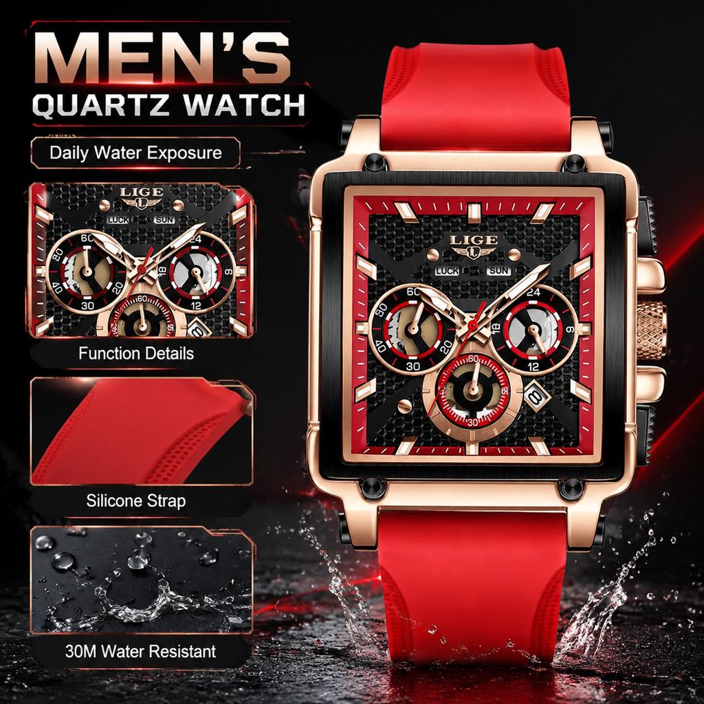 LIGE Marque Top Luxe Montres Homme Bracelet Silicone Montre Étanche Sport Militaire Montre Homme Chronographe Quartz Montre-bracelet Reloj