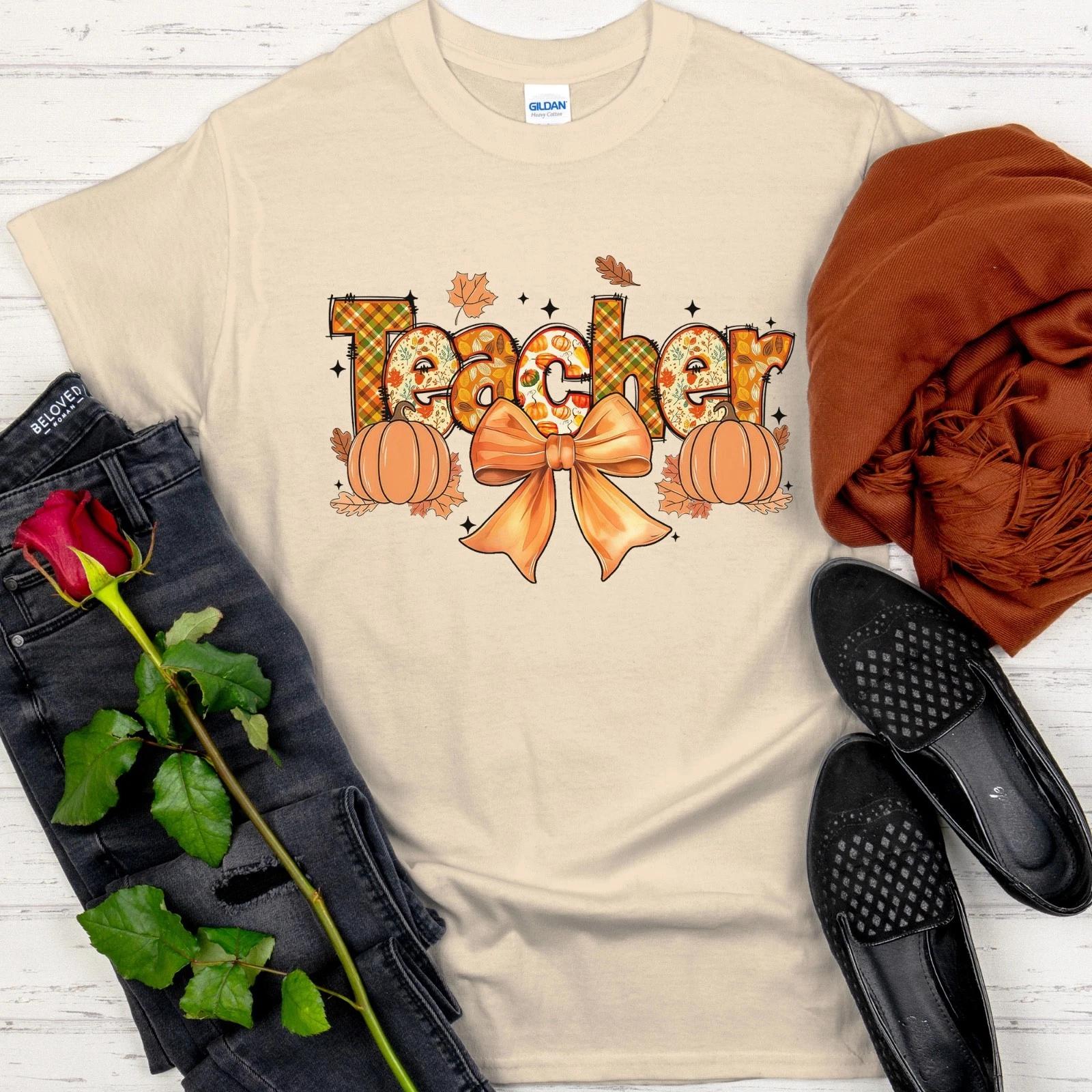 Cute Fall Coquette Teacher Shirt, Autumn Bow Tee, Thanksgiving Teacher Shirt S