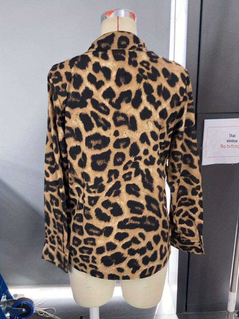 Cross-Border Women's Long-Sleeve Leopard Print Collar Shirt