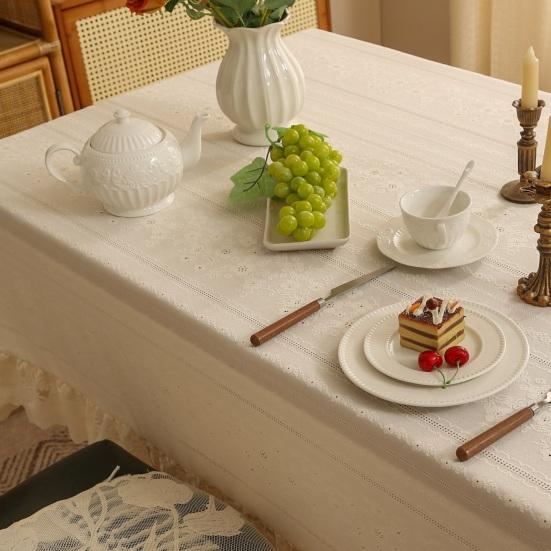 Stary obrus z koronkowymi falbankami Rustykalny haftowany na urodziny, wesele, bufet Tkanina Obrus Zmywalny Francuska Dekoracja Imprezowa Jadalnia