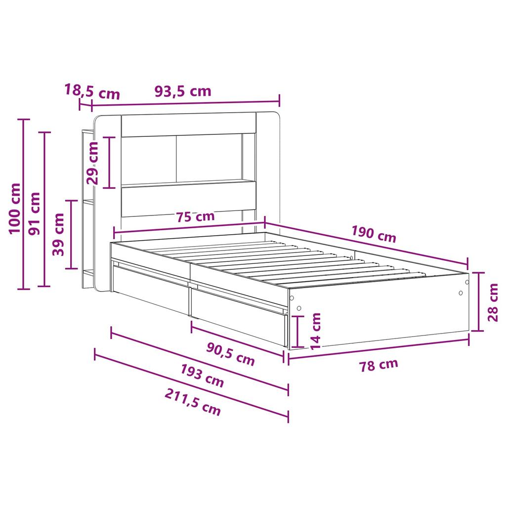 Bed Frame with Storage Space Sonoma Oak 75 X 190 Cm Particleboard