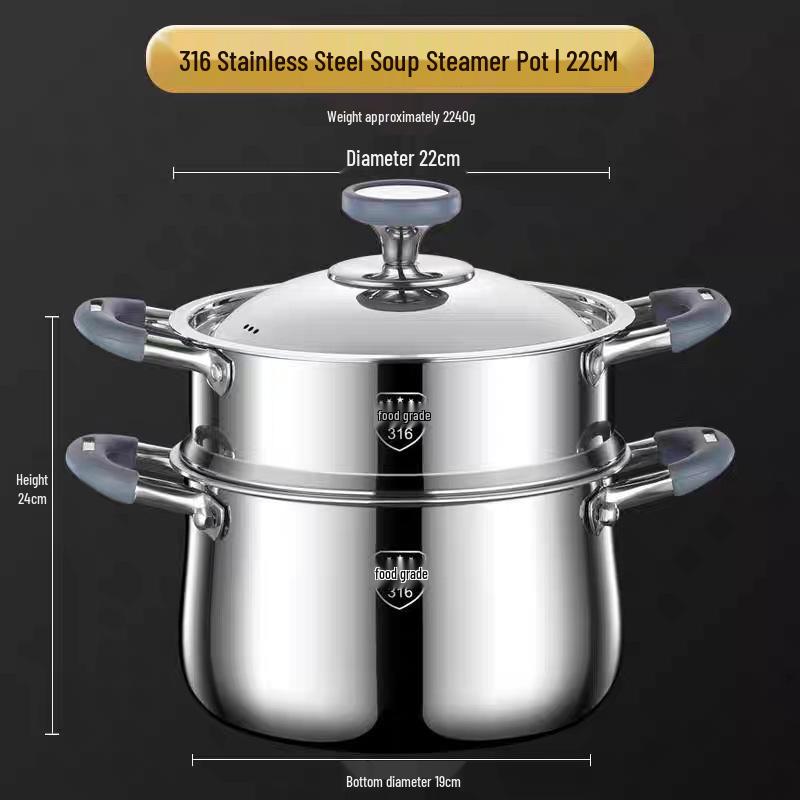 316 Stainless Steel Rivetless Stew Pot with Two-Layer Silicone, Large Capacity for Steaming and Simmering.
