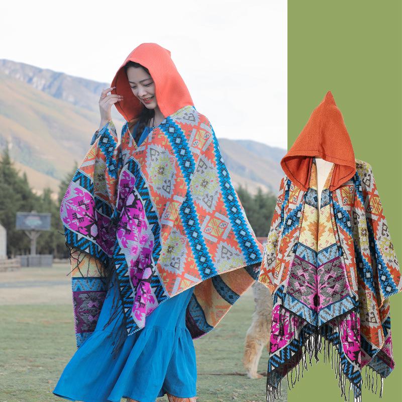 Women's Ethnic Style Hooded Shawl Cloak, Geometric Design for Autumn/Winter, Ideal for Tibet, Qinghai, Yunnan Travel
