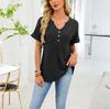 Women's Short Sleeve Henley V Neck Casual Top Loose Fit Ribbed Knit Blouse Tunic