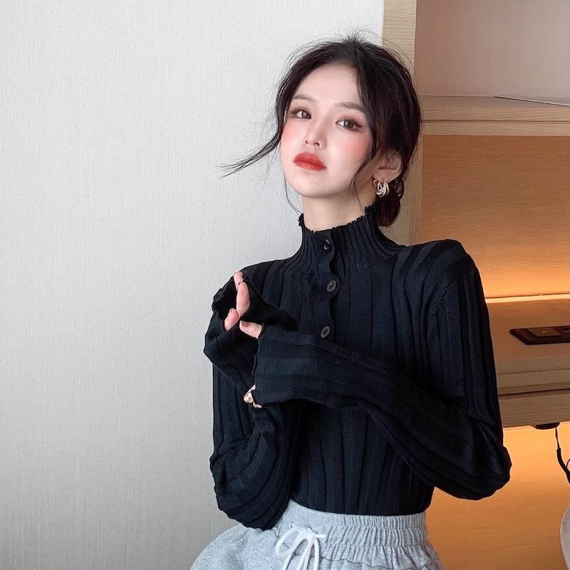 Simple semi-turtleneck pullover, long-sleeved autumn and winter warm knitted sweater, bottom elastic top, slim women's outer sweater