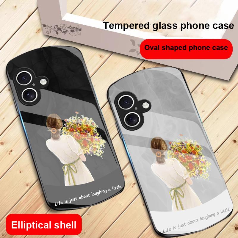The Girl Holding Flowers For iPhone 17 16 15 14 13 Plus 12 Mini 11 Pro Max XR Xs Max X 7 8 6S 22 20 Elliptical Glass Phone Case