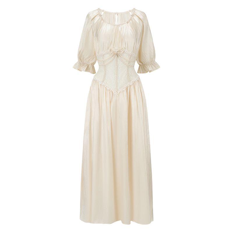 

Lacemade Cocoon-Breaking Butterfly French Royal Style Lace Patchwork Fishbone Dress White Work Clothing Daily Summer Creamy White 1XS