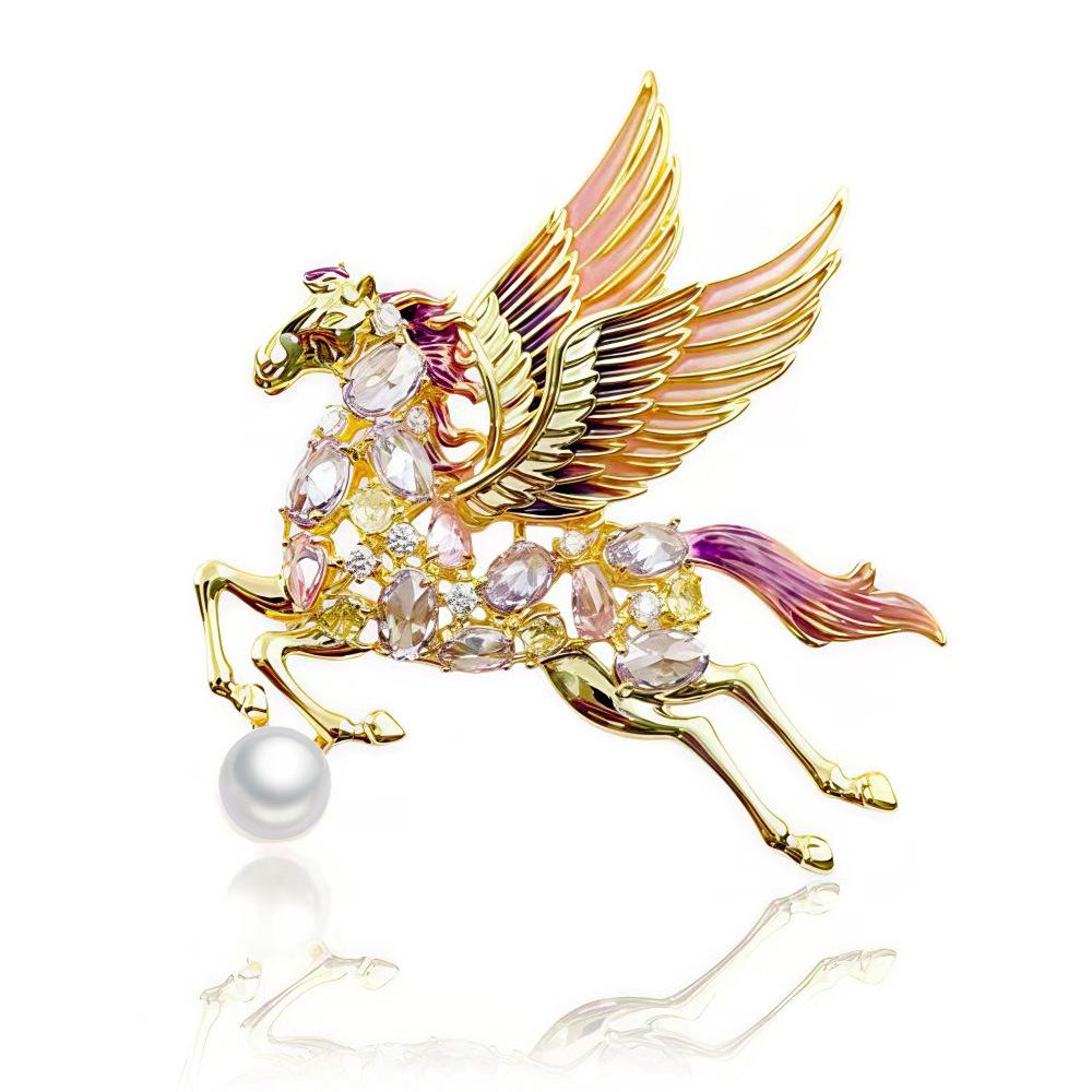 Bo Xin Yun Gold-Plated Zirconia, Freshwater Pearl, Colorful Enamel Pegasus Brooch